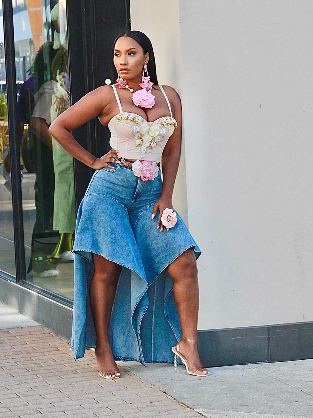 Asymmetrical Denim Cut Out Ruffle Pants